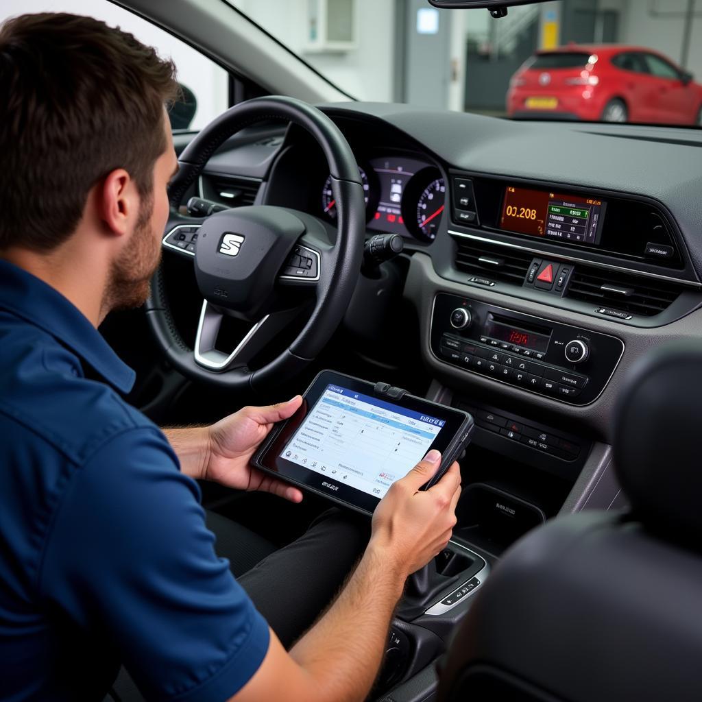 Mechanic Diagnosing Seat Leon Emissions Issue