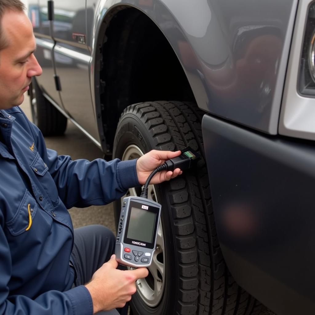 Mechanic using a diagnostic scanner on a van