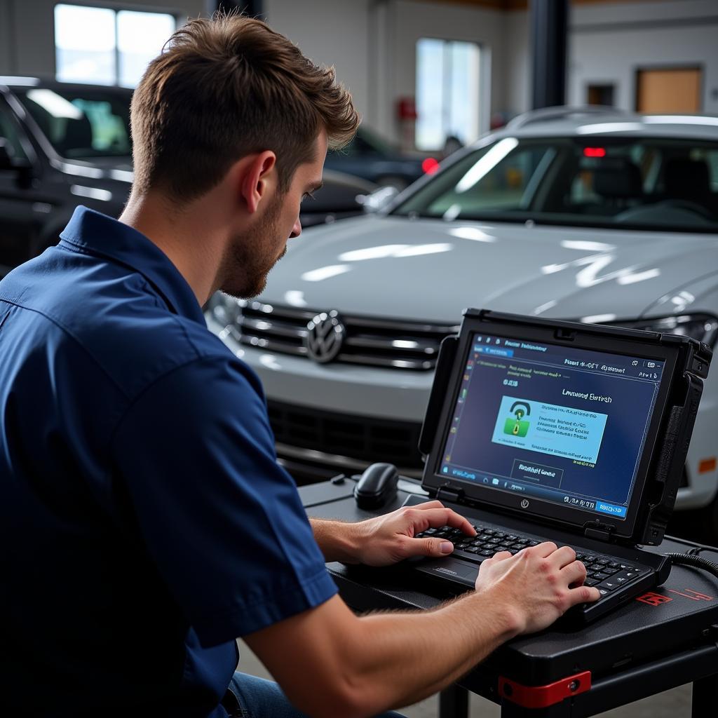 A mechanic diagnosing a Volkswagen Alltrack using a diagnostic computer