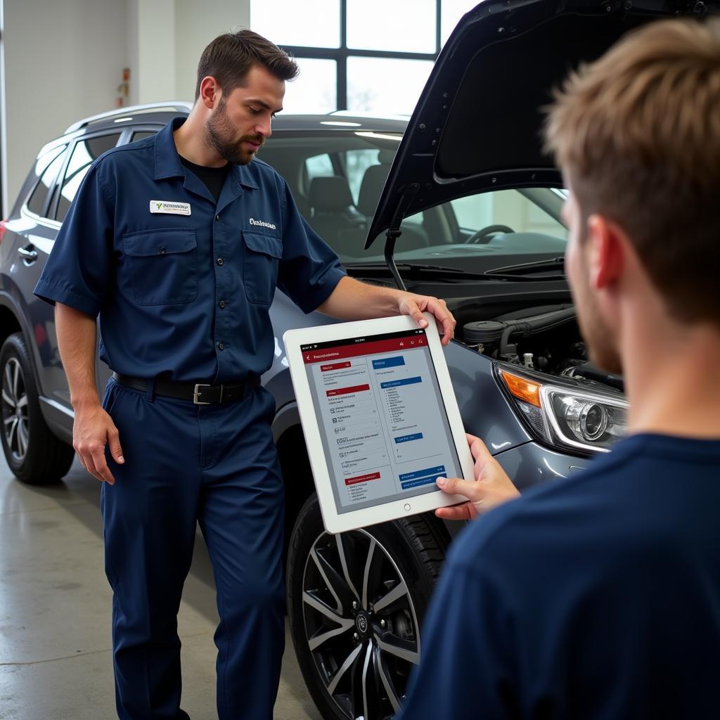 Mechanic Explaining Remote Diagnosis to Client