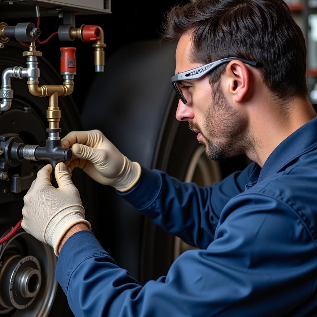 mechanic inspecting air brake system