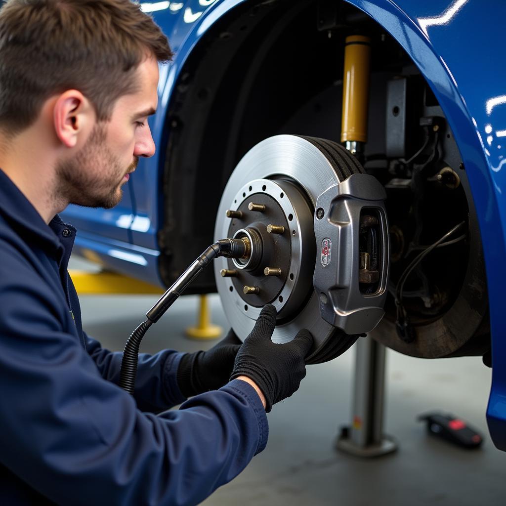 Mechanic Inspecting Audi A4 Brake Pads