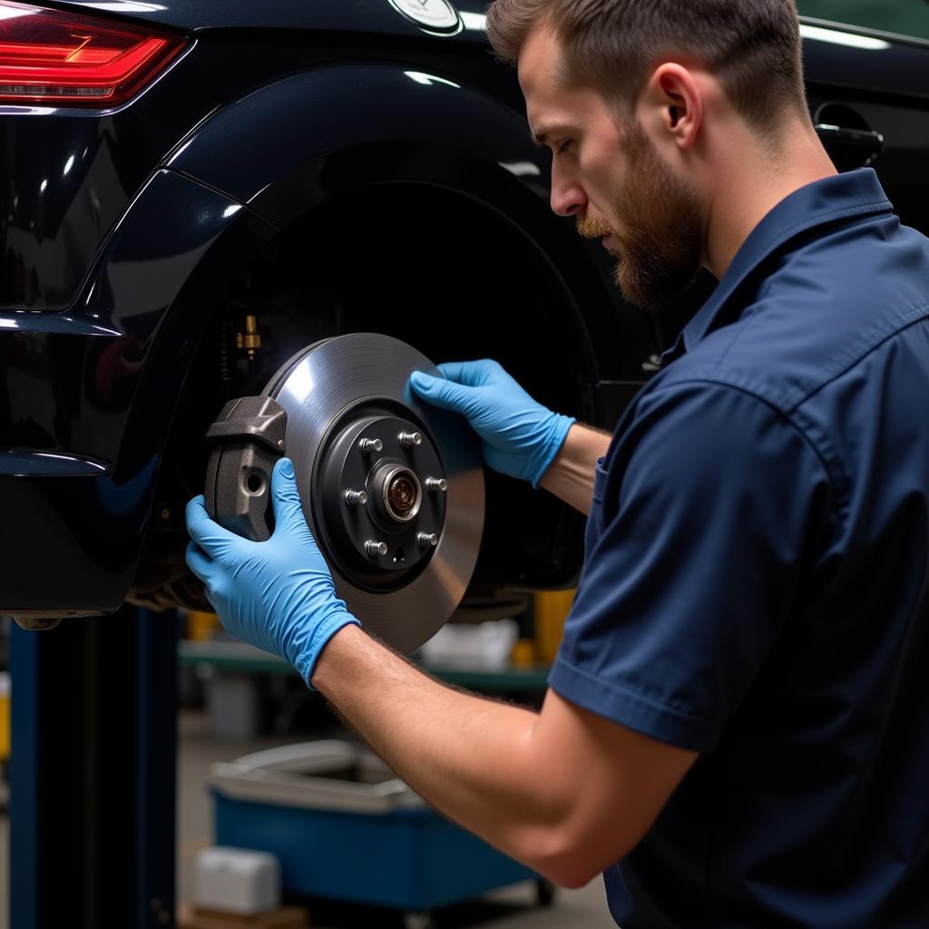 Mechanic inspecting the brakes of an Audi TT