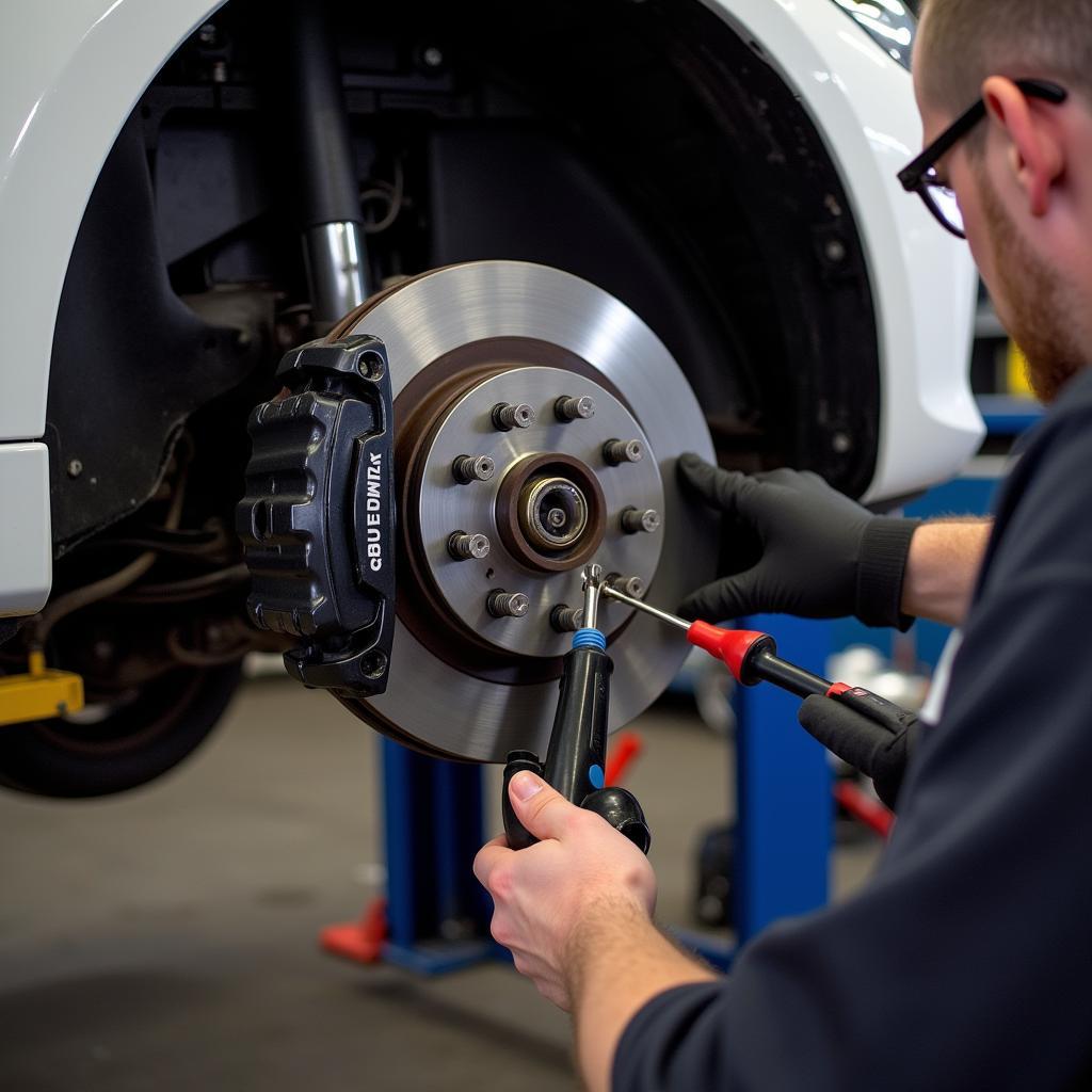 A mechanic inspecting the brakes of a BMW 1 Series on a lift.