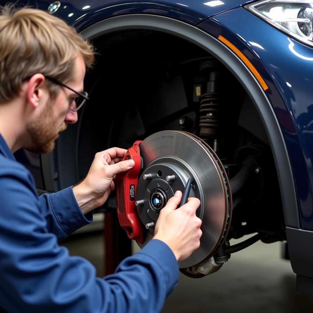 A mechanic inspects the brake system of a BMW X5