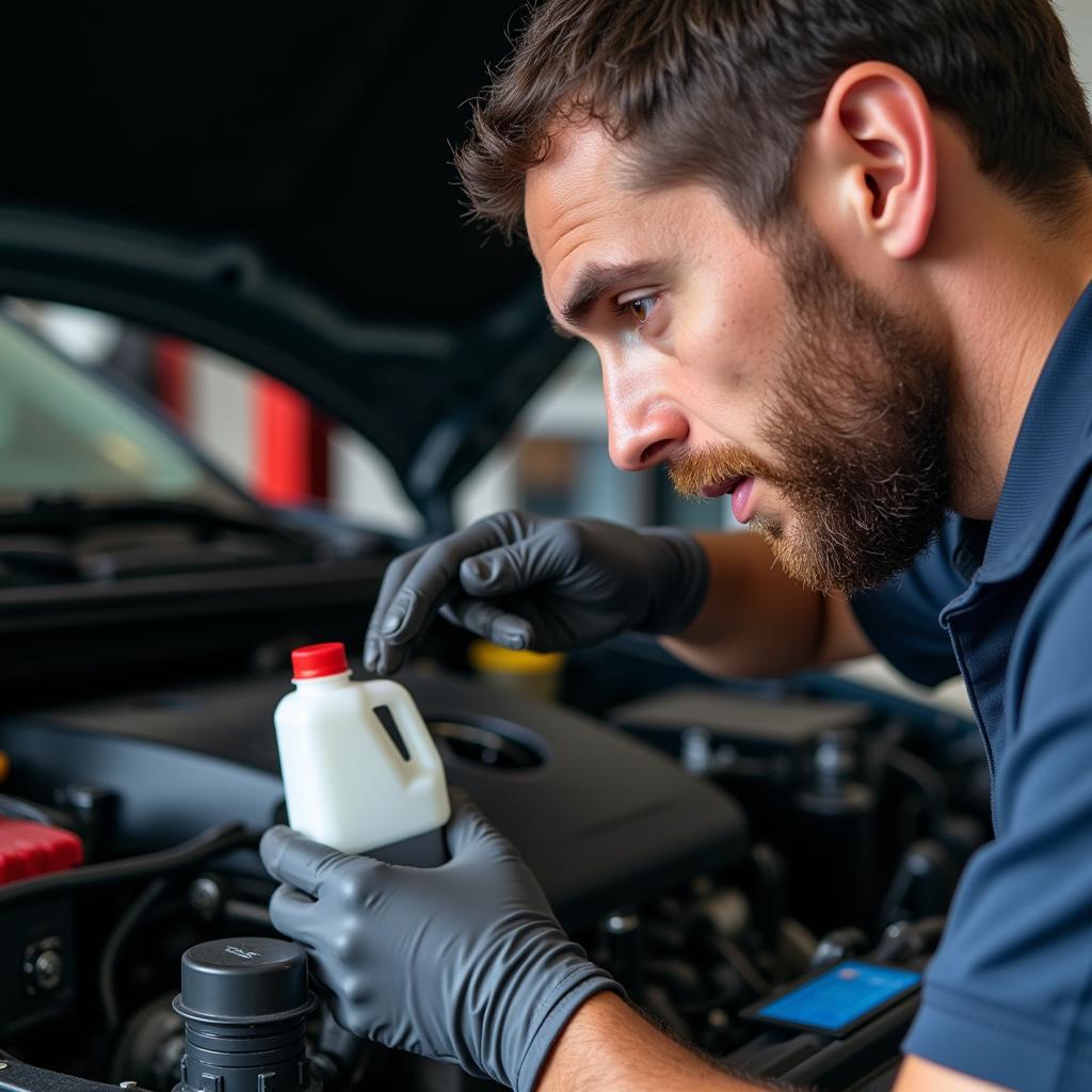  Mechanic checking brake fluid level in a Toyota vehicle