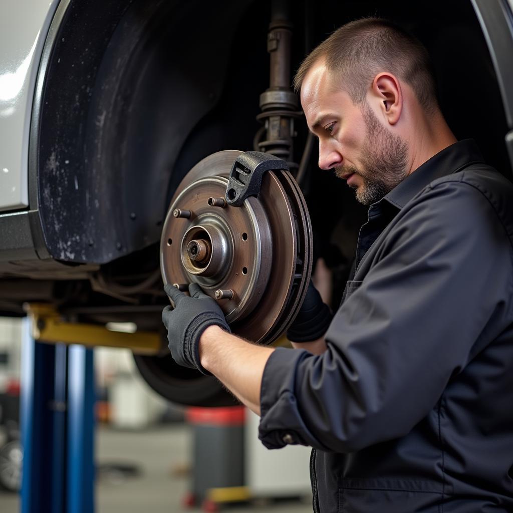 Mechanic Diagnosing Brake Issue