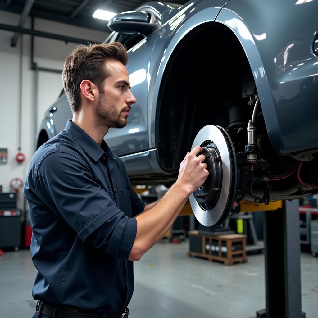 Experienced Mechanic Inspecting Car Brake System on Lift