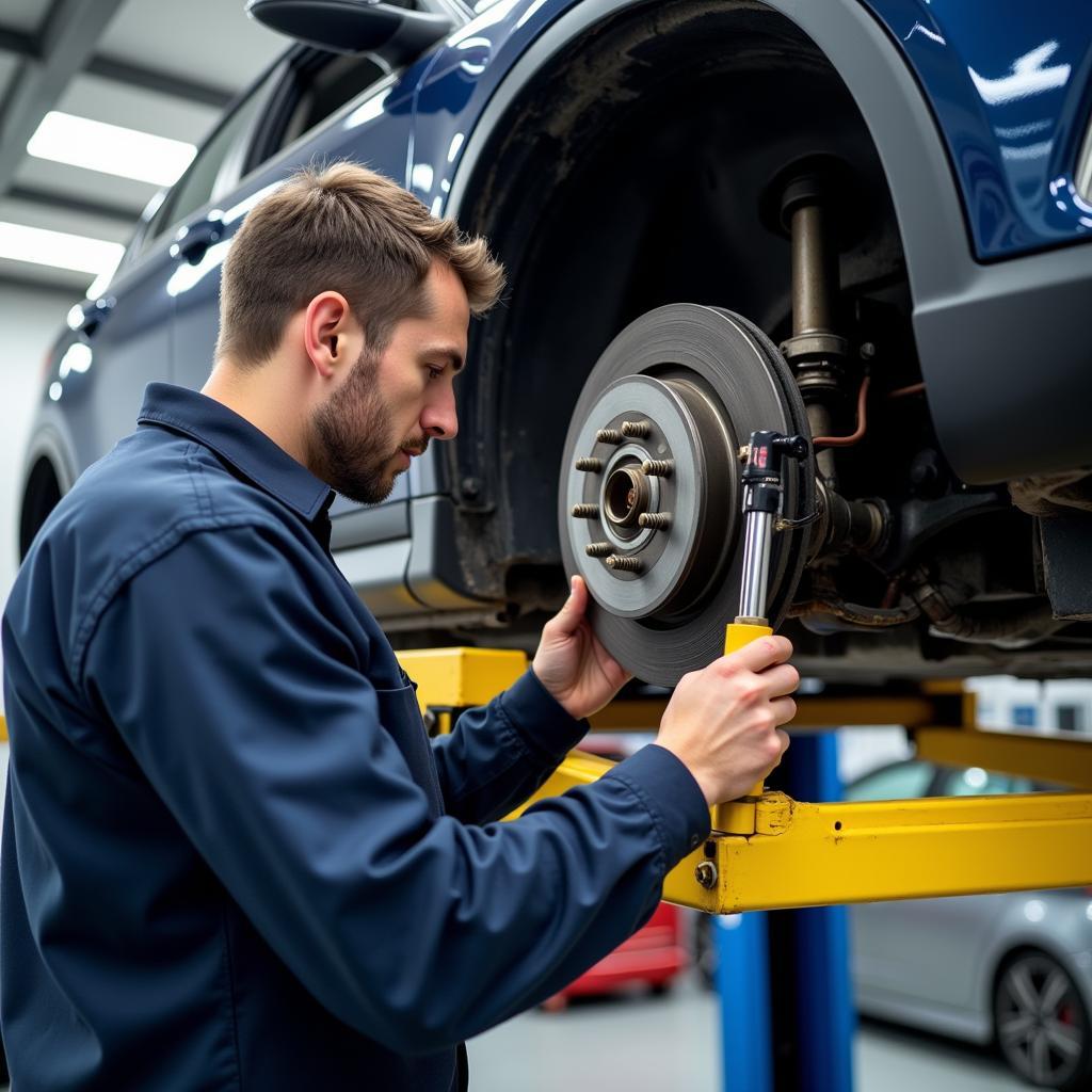 Mechanic Inspecting Brake System