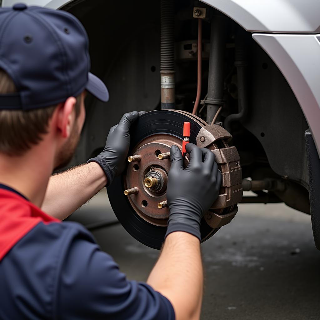 Mechanic Inspecting Brake System