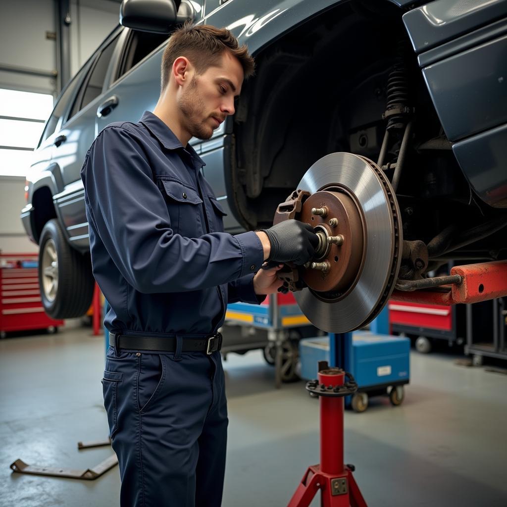 Mechanic inspecting the brake system of a 1995 Jeep Grand Cherokee