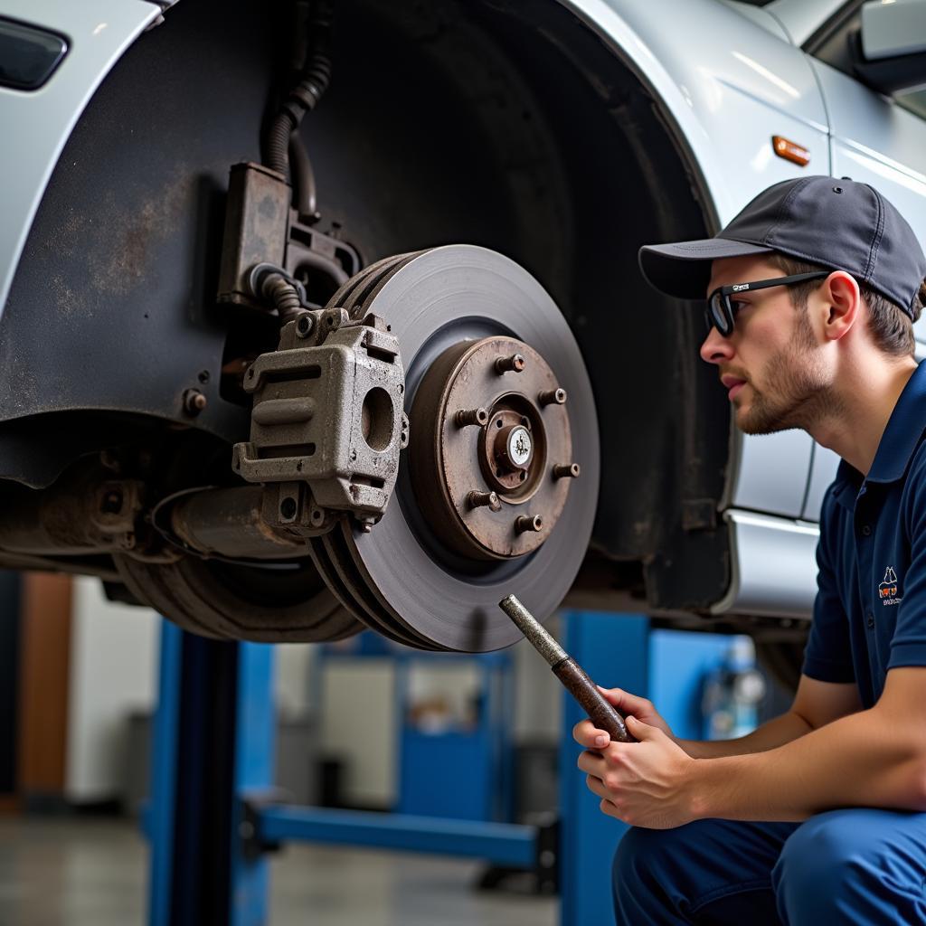 Mechanic Inspecting Brake System on a 2002 BMW 525i