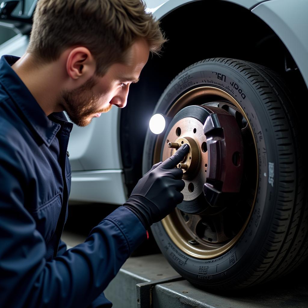 Mechanic inspecting the brake system of a BMW 328i