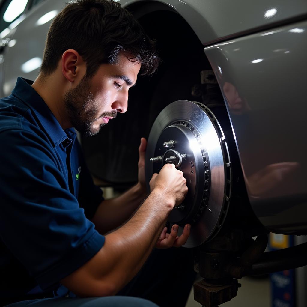 Mechanic Inspecting 2004 Sienna Brakes