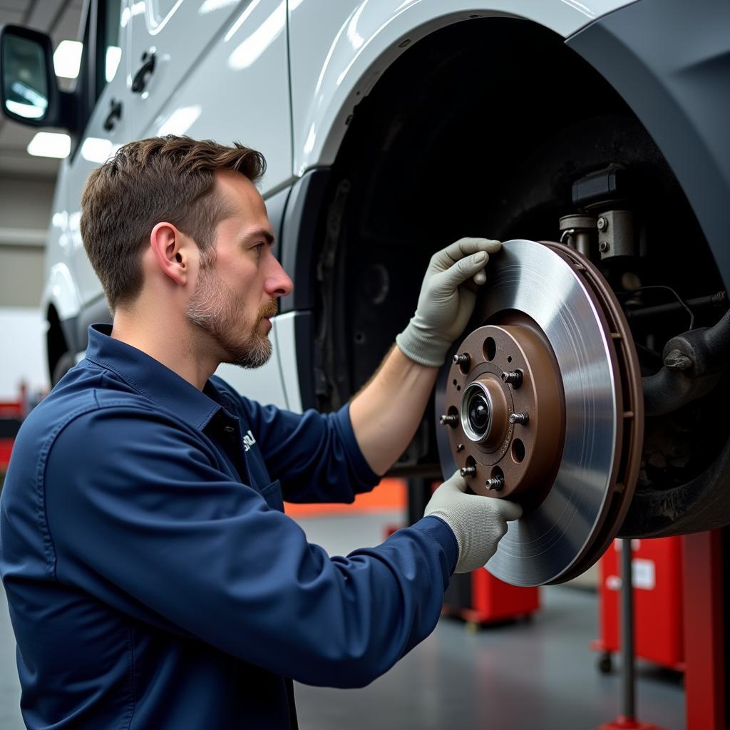 Mechanic Inspecting a Mercedes Sprinter's Brakes