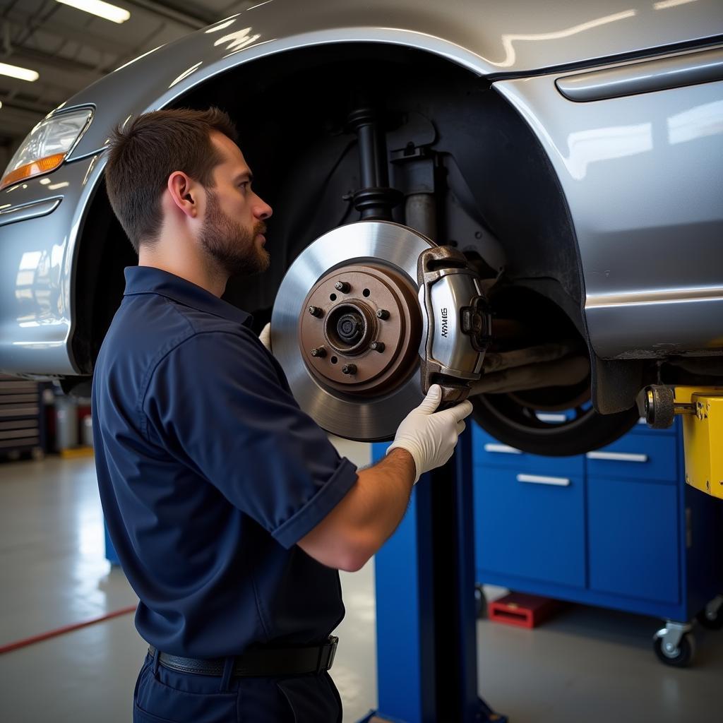  Mechanic Inspecting Brakes on a Honda Accord Lift