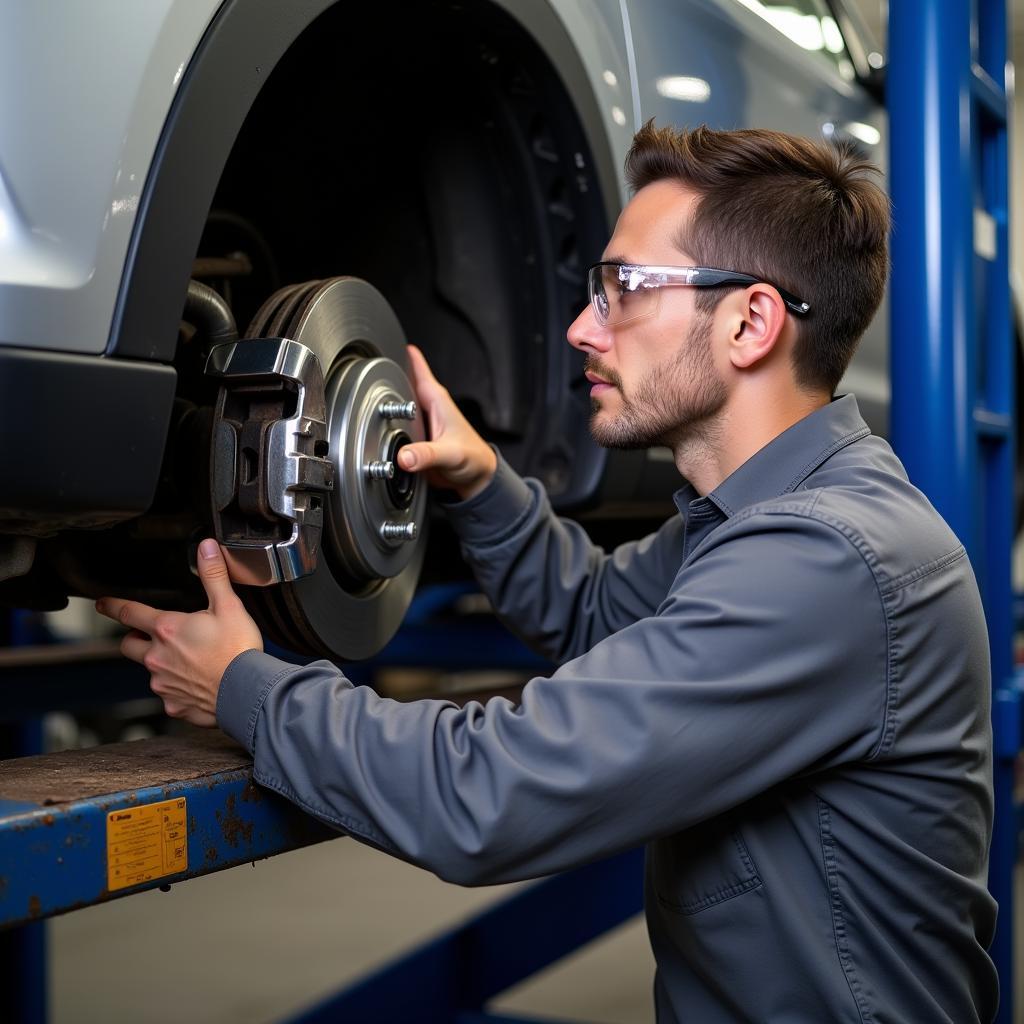 Mechanic Performing Vehicle Brake Inspection