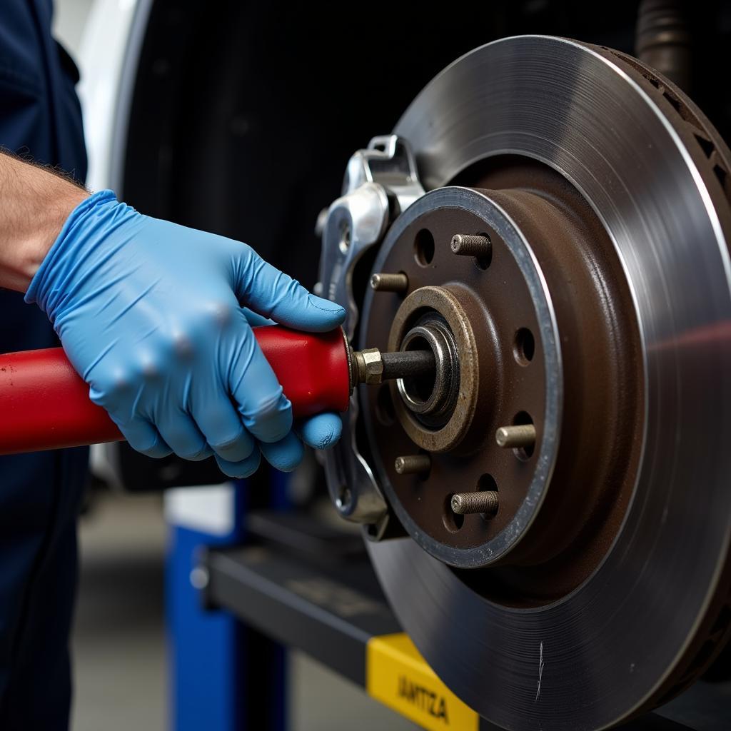 Mechanic inspecting brake pads and rotors