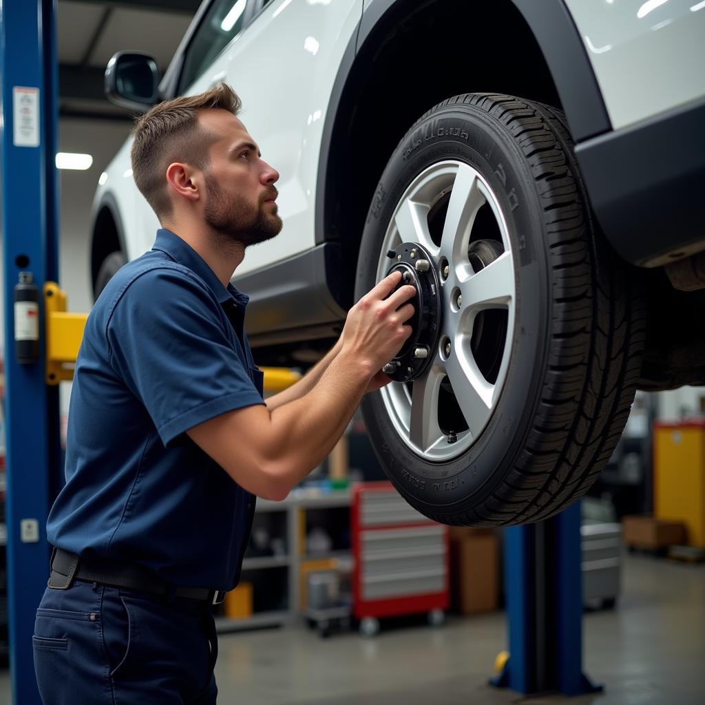 Mechanic inspecting brakes on a lift