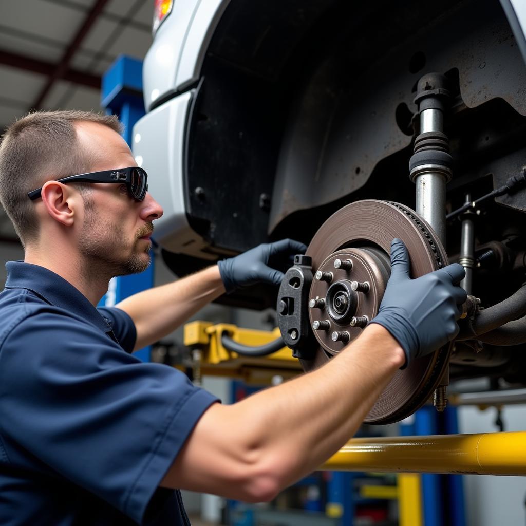 Mechanic Inspecting Brakes on a Lifted 2005 Ford F150