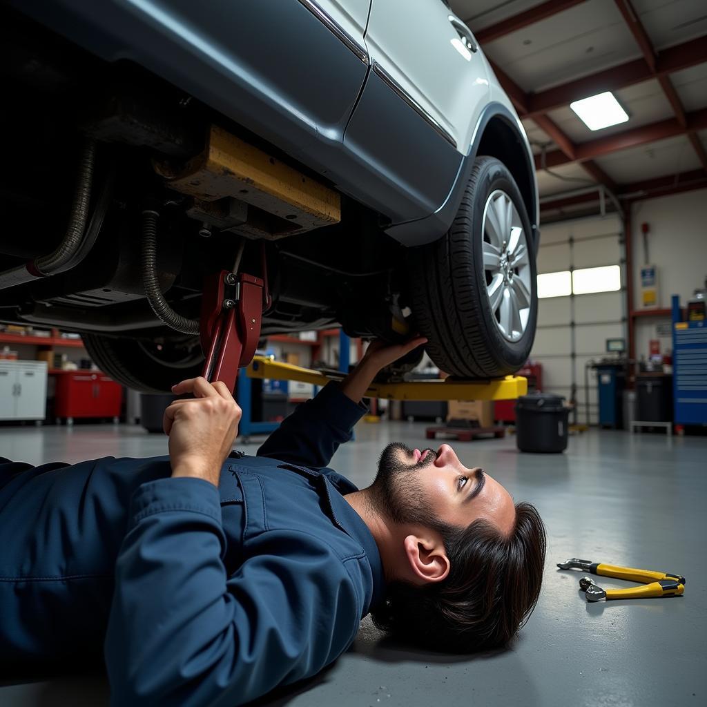 Mechanic Inspecting Buick Enclave Undercarriage