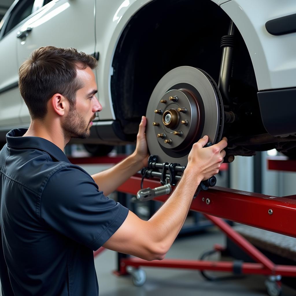 Mechanic inspecting a car's brake system