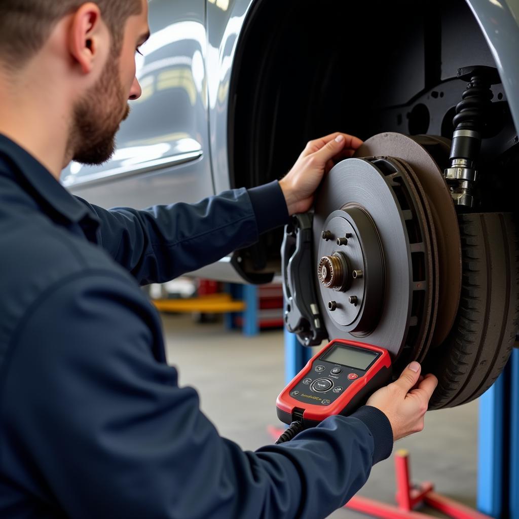 Mechanic Diagnosing Brake Issue