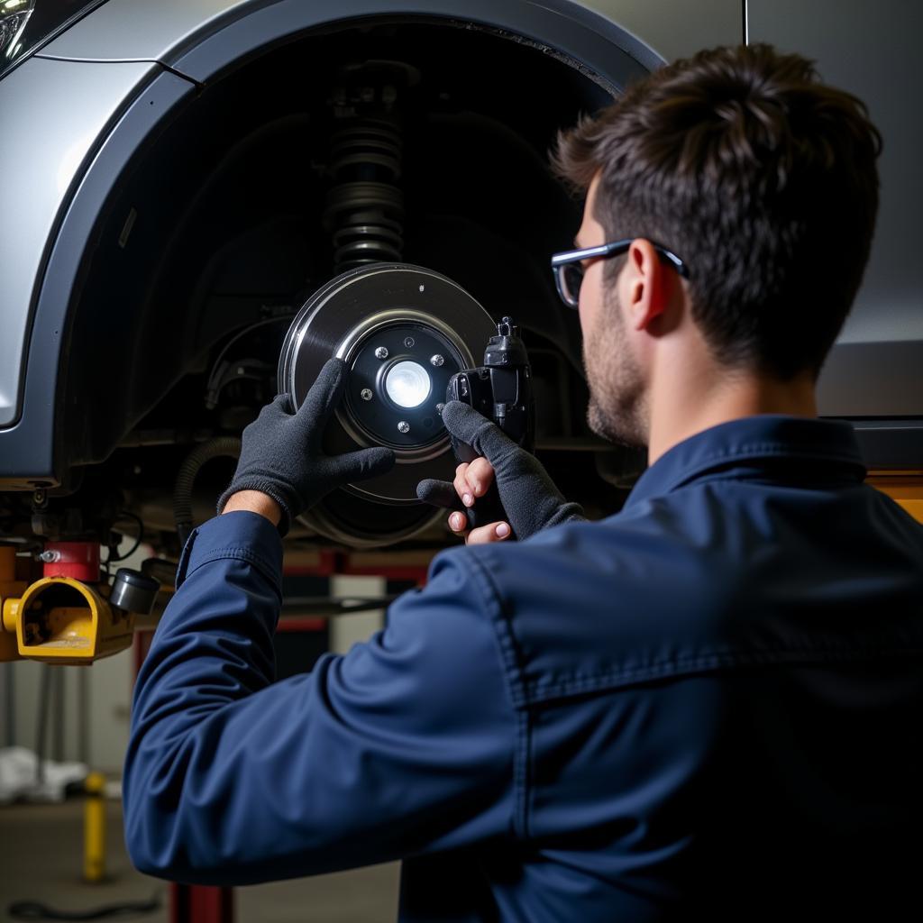 Mechanic inspecting car brake system