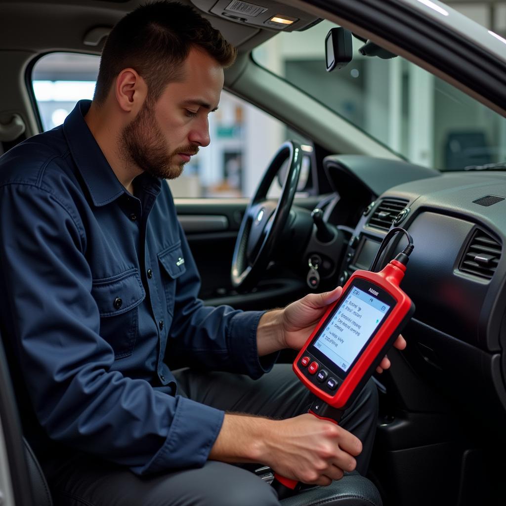 Mechanic Inspecting a Car Seat Sensor with a Diagnostic Tool