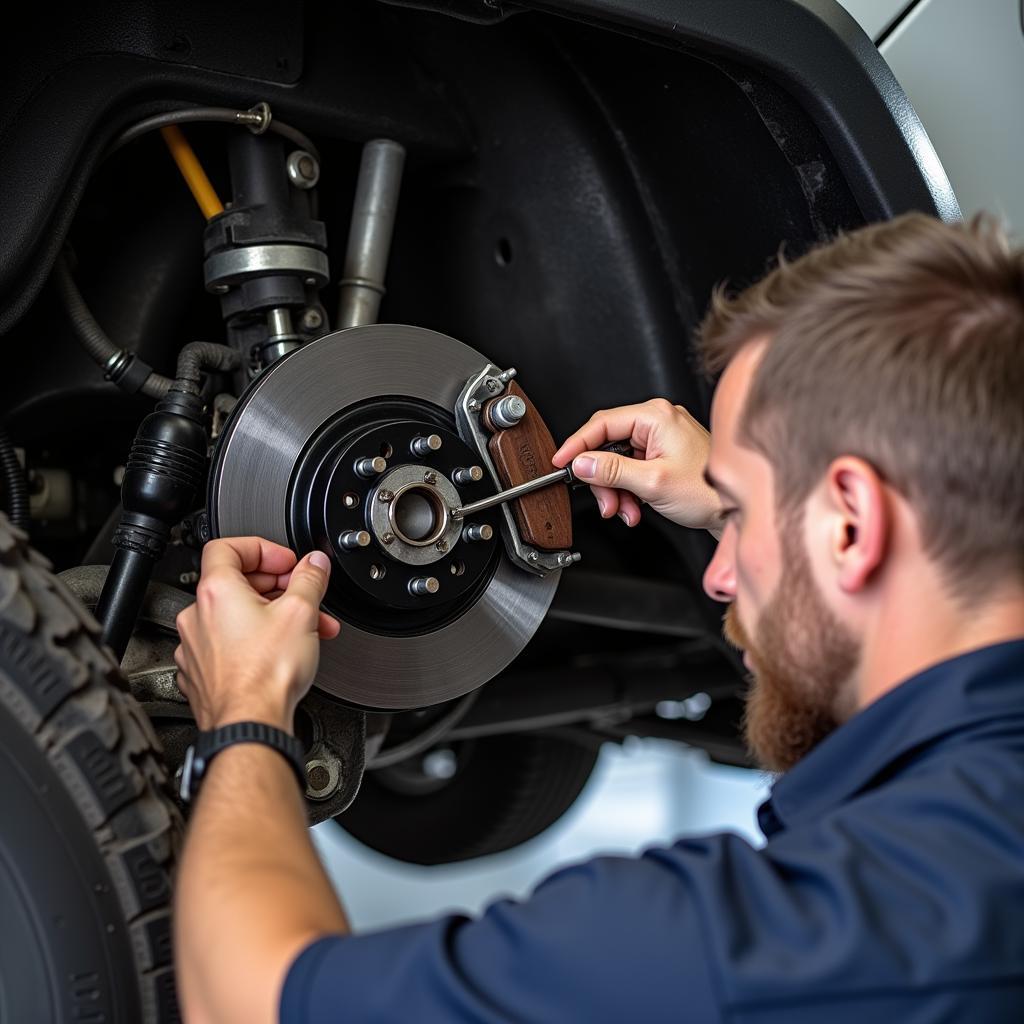 Mechanic Inspecting Jeep Wrangler Brake System