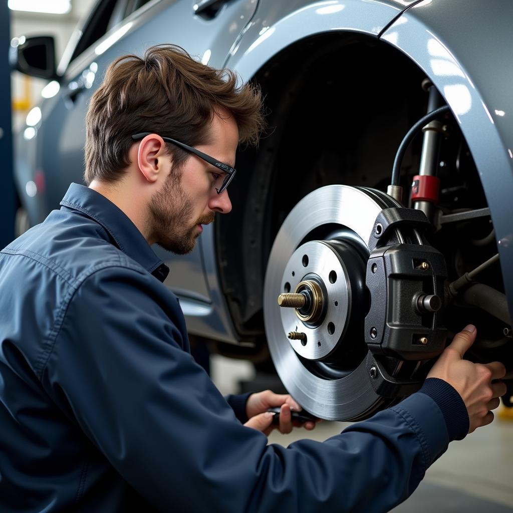 Mechanic inspecting the braking system of a Lexus car