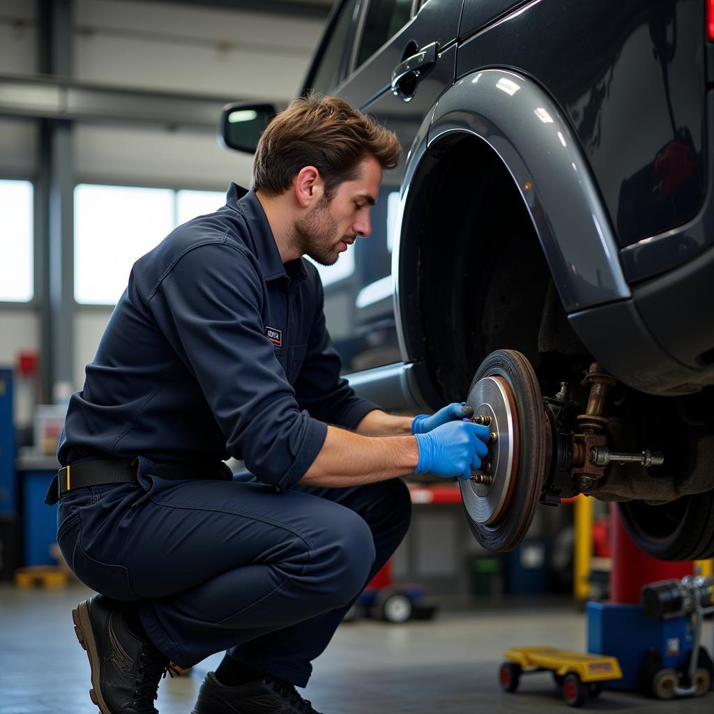 Mechanic Inspecting LR4 Brakes