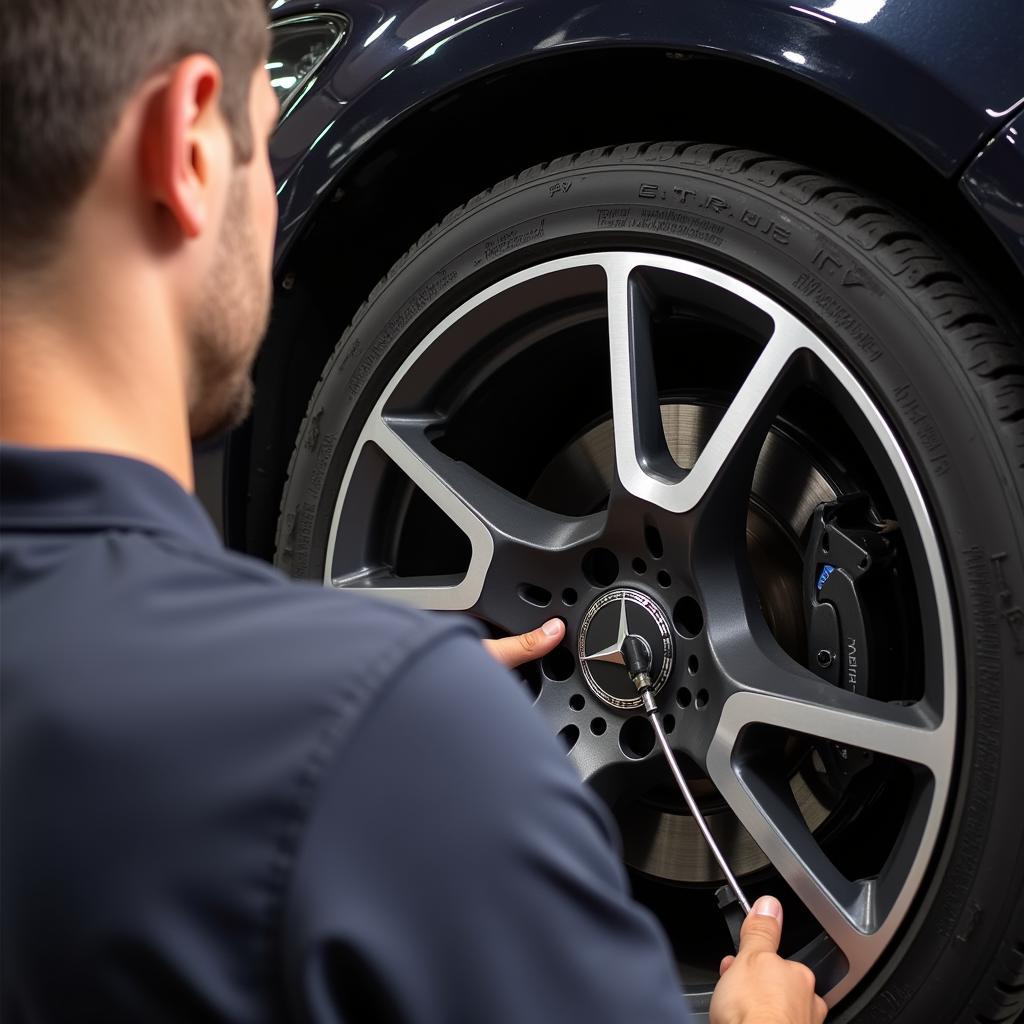 Mechanic Inspecting Mercedes Parking Brake Cable