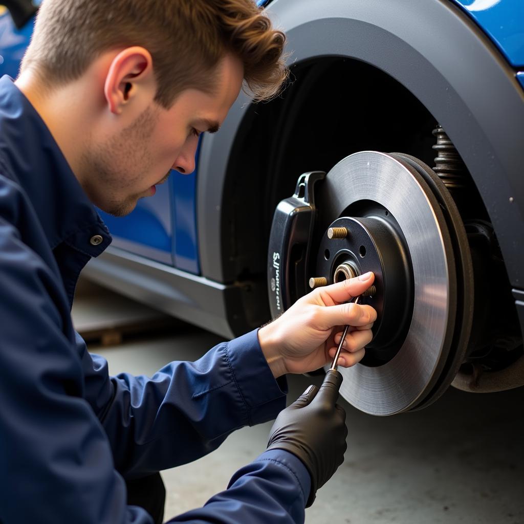 Mechanic inspecting a Mini Cooper's brake pads