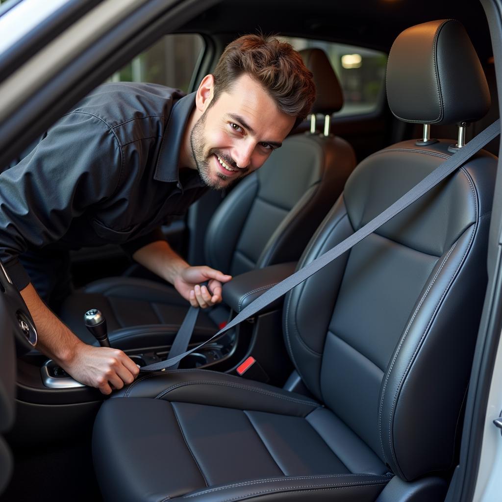 Mechanic Inspecting Nissan Juke Seat Belt System