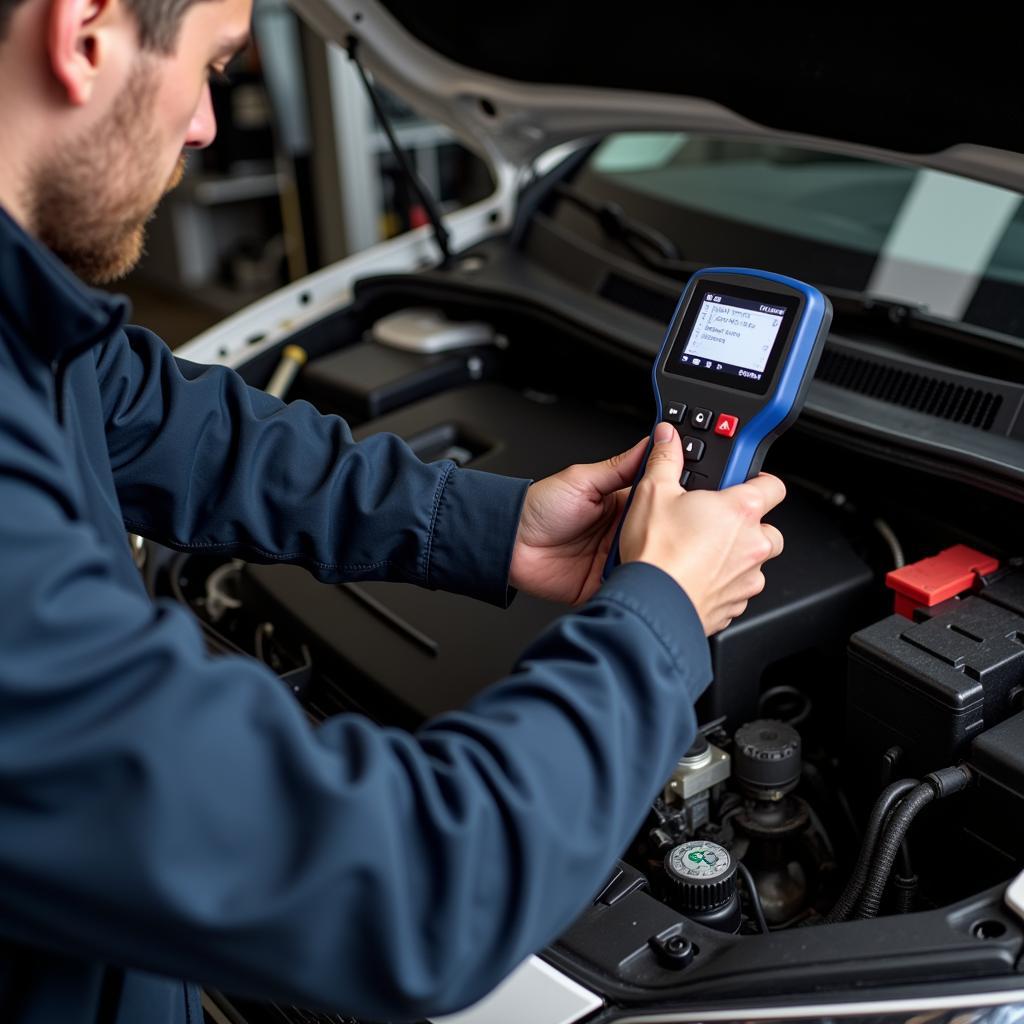 Mechanic Inspecting Seat Leon with Diagnostic Scanner