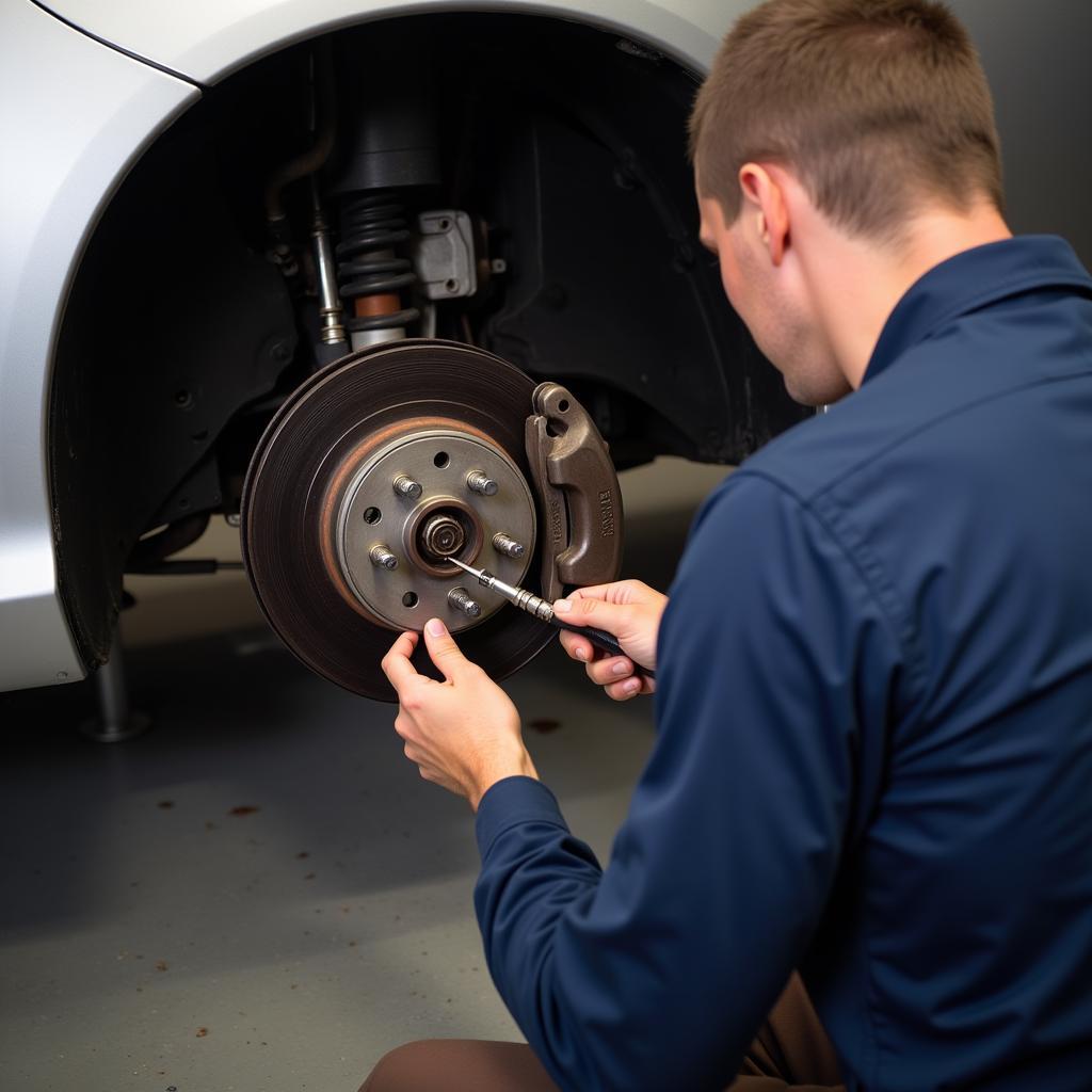 Mechanic Inspecting Toyota Venza Brakes