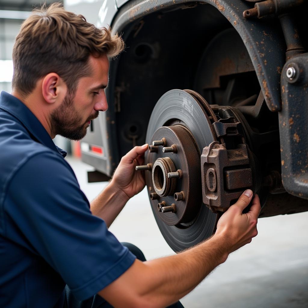 Mechanic Inspecting Trailer Brakes