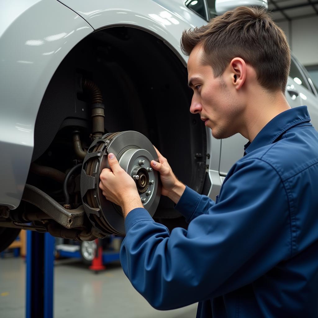 Mechanic Inspecting Toyota Venza Brakes