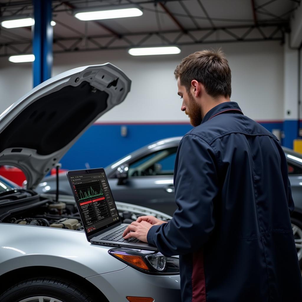 Mechanic using a laptop for remote car diagnostics