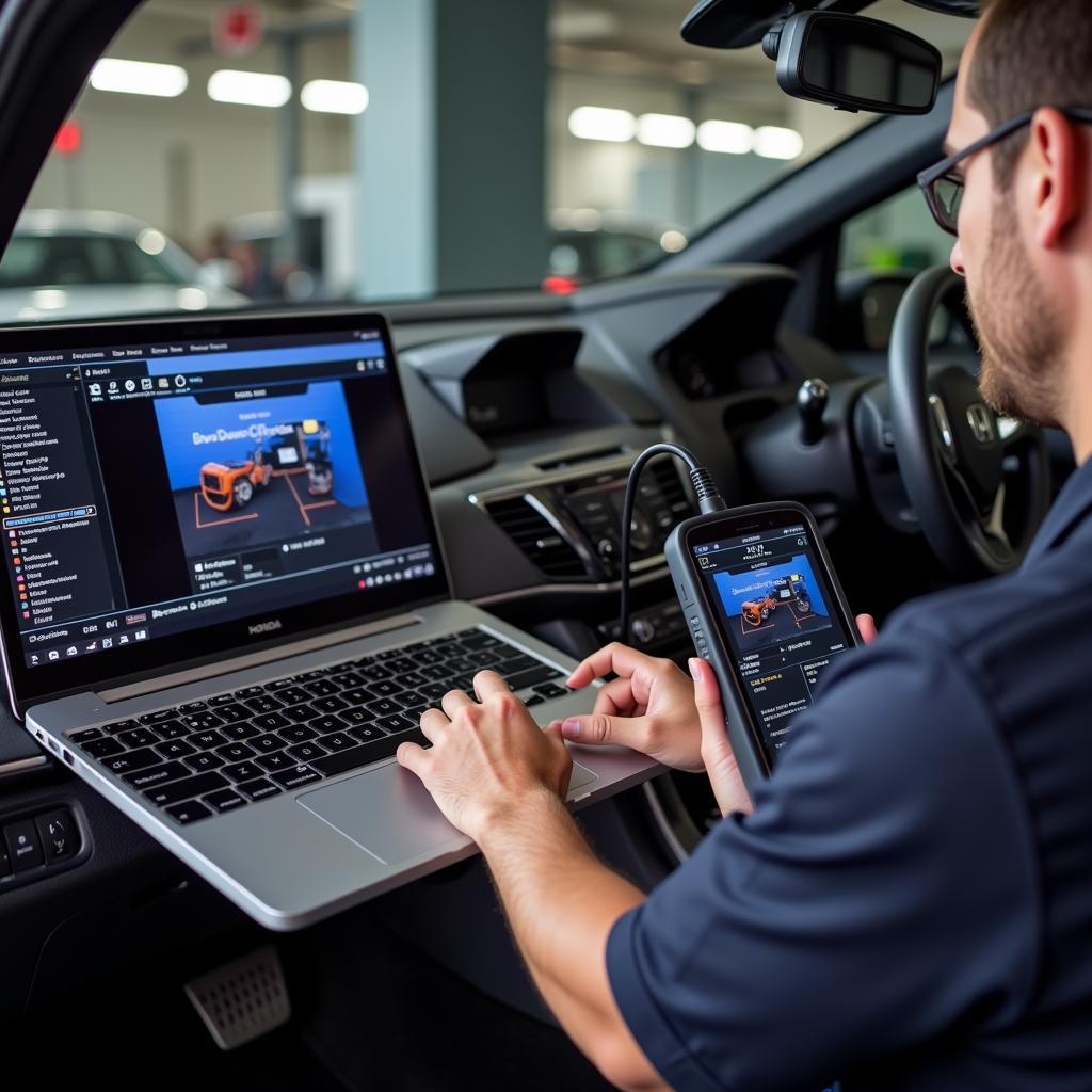 Mechanic Using Remote Diagnostic Tools on a 2017 Honda Accord Sport