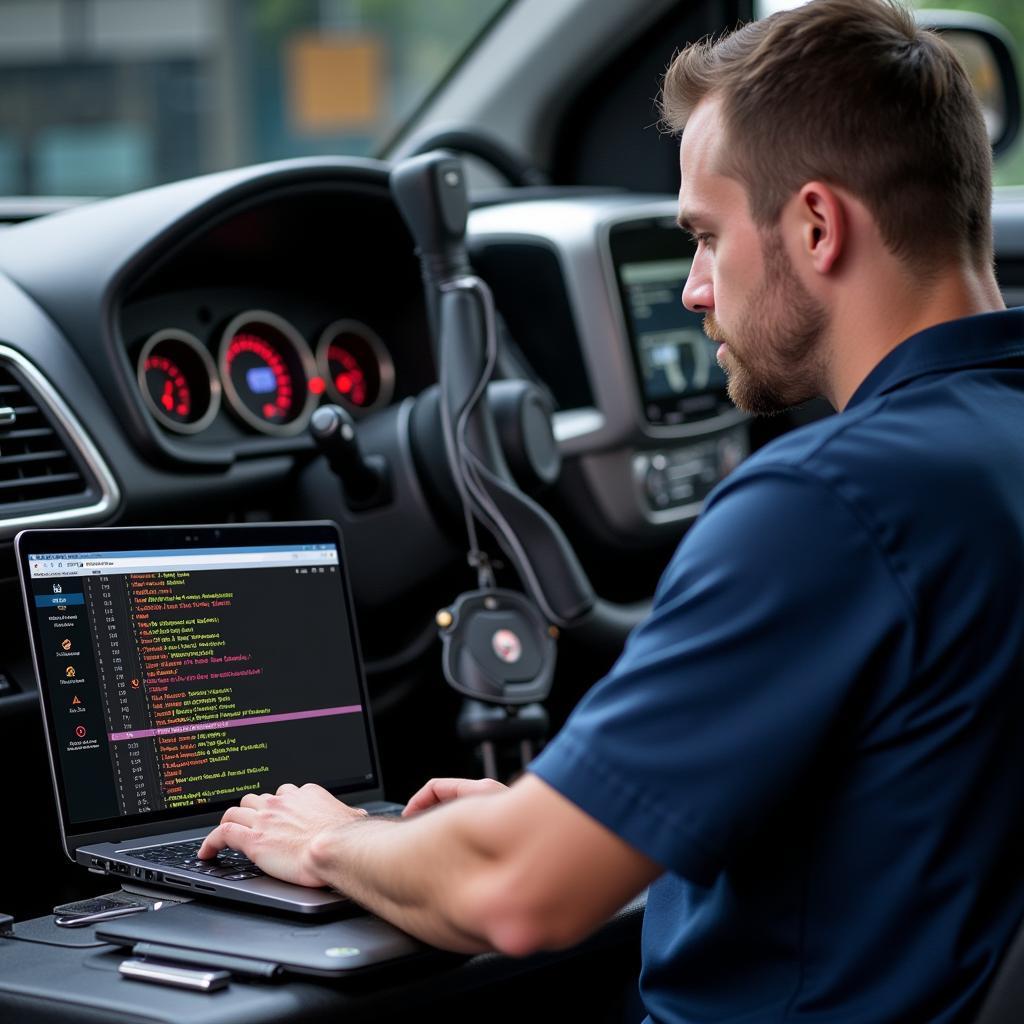 Mechanic Using Laptop for Remote Vehicle Diagnostics