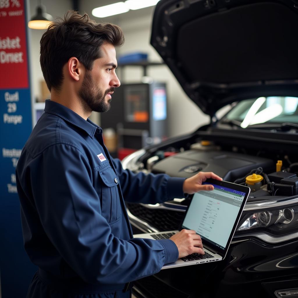 Mechanic Using a Laptop to Perform Remote Diagnostics on a Kia Optima