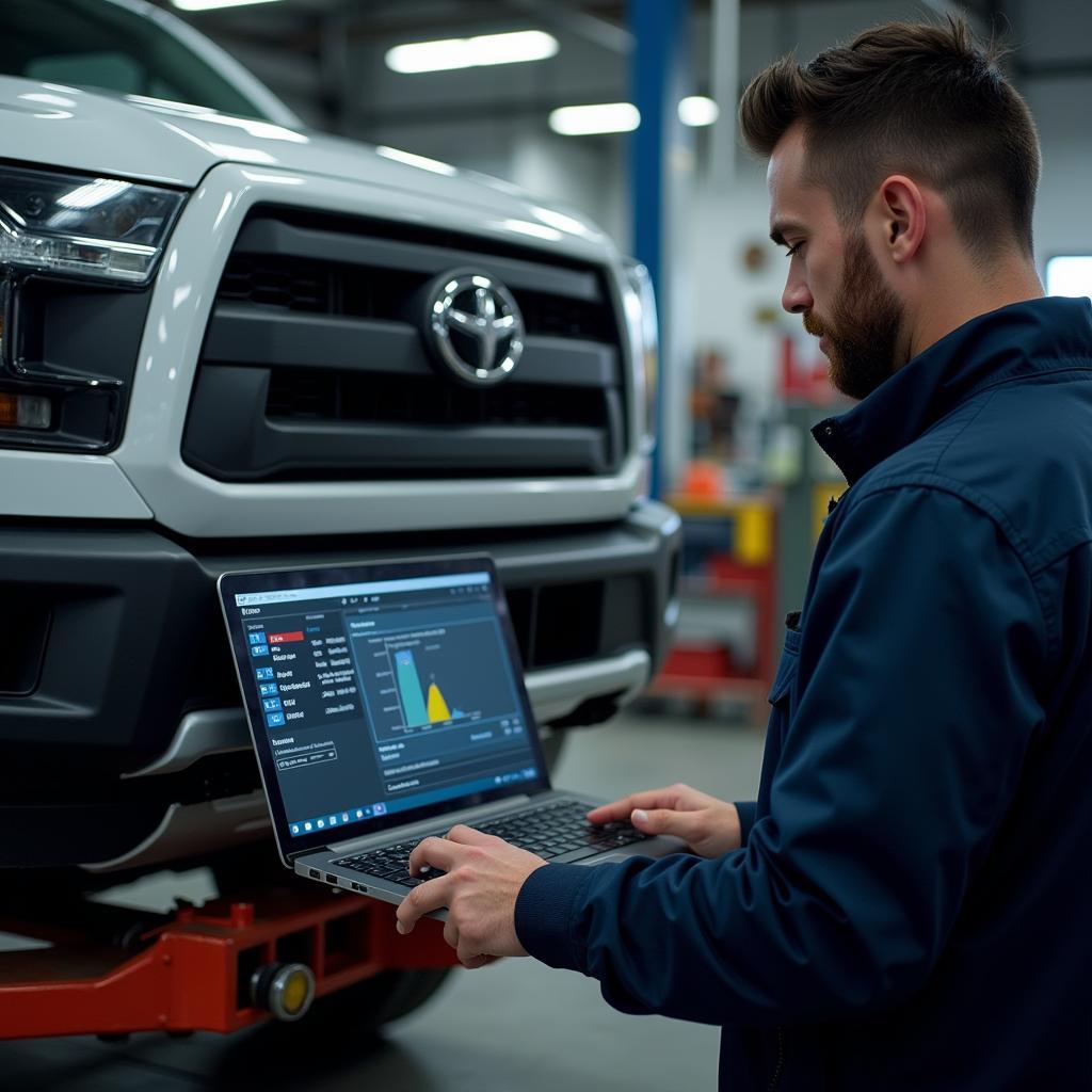 Mechanic using a laptop to perform remote diagnostics on an L200