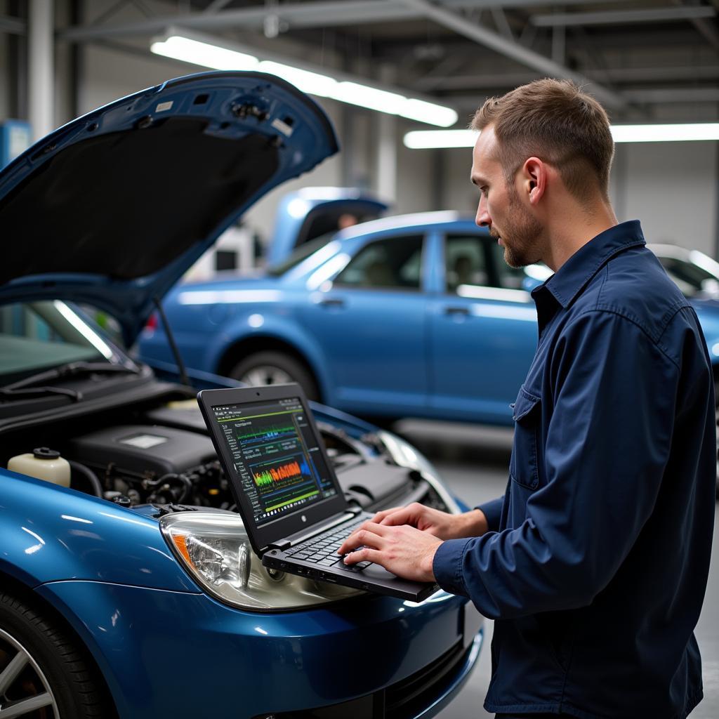 Mechanic using a laptop to perform remote diagnostics on a Saab 9-5