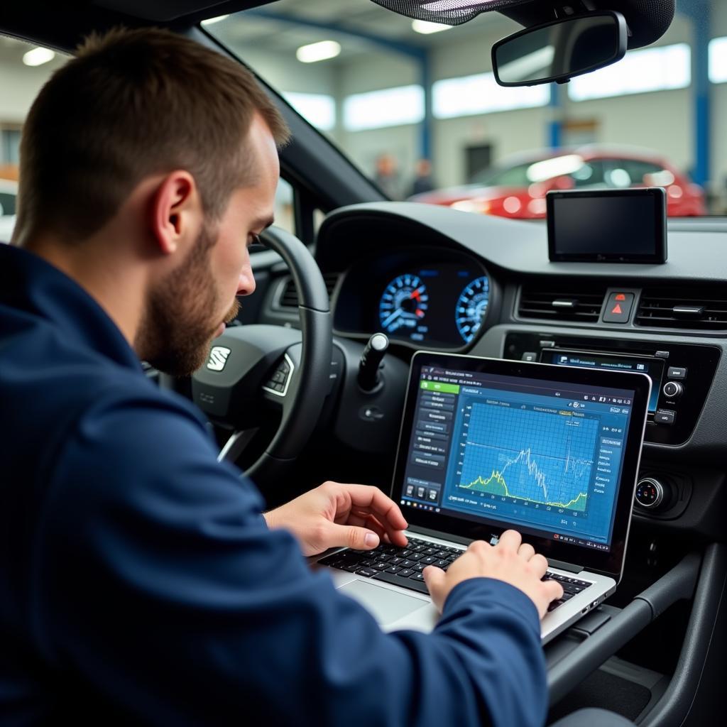 Mechanic Performing Remote Diagnostics on Seat Leon Cupra