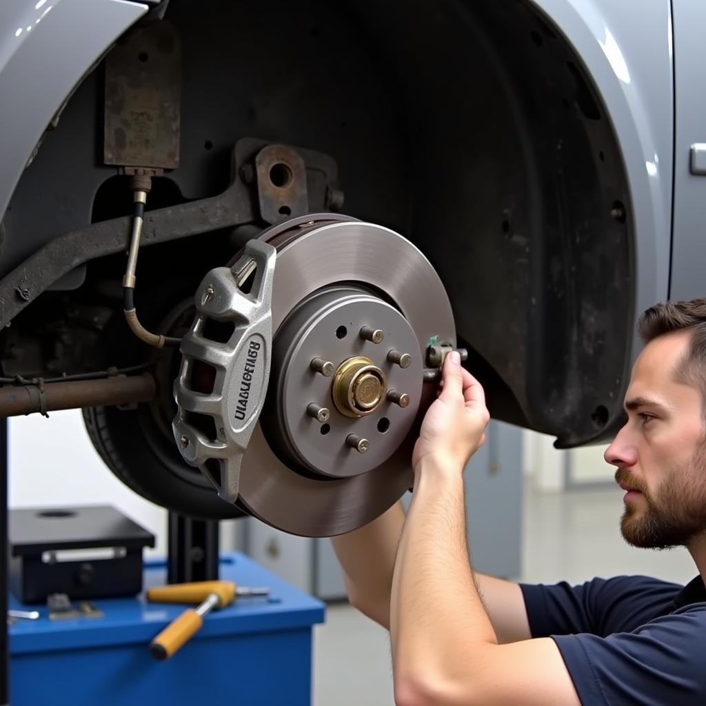 Mechanic Replacing Brake Pad Sensor