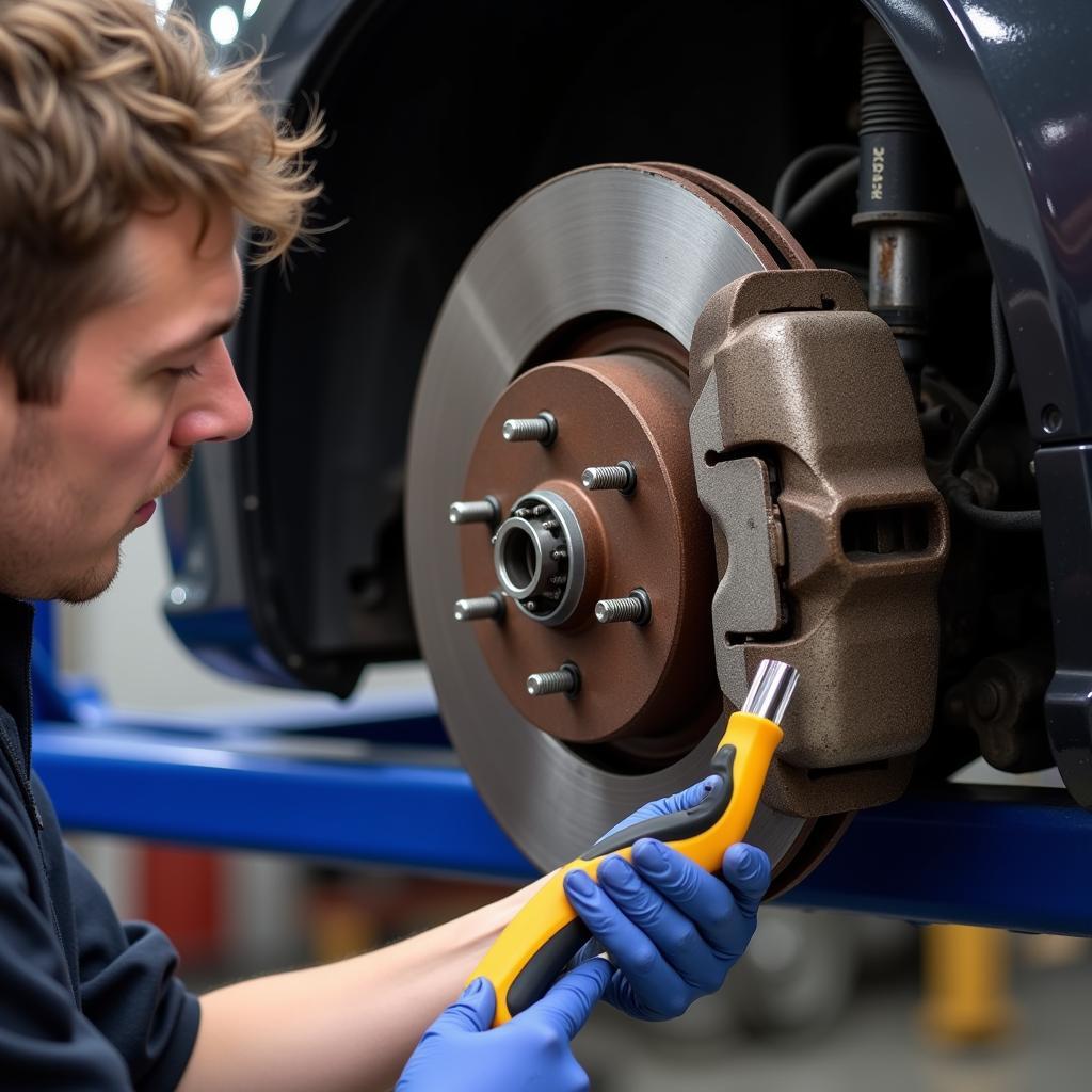 Mechanic Replacing Brake Pads on Renault Megane