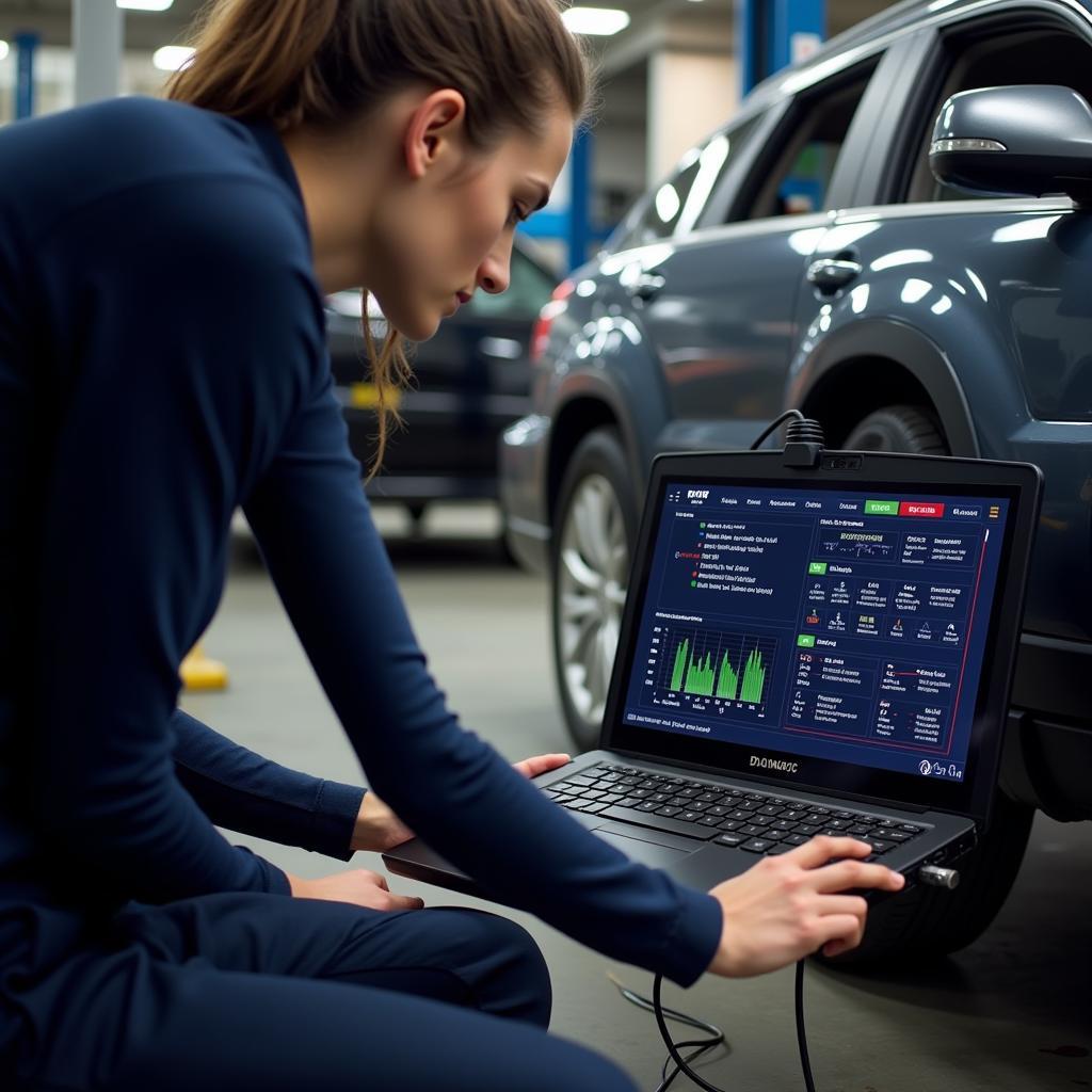 Mechanic Using Diagnostic Software on Car