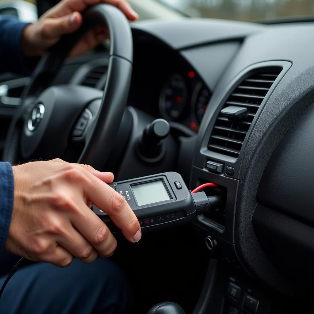 Mechanic Using Diagnostic Tool on Mazda CX-9